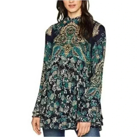 Free People Size Small Lady Luck Printed Long Bell Sleeve Tunic - Picture 1 of 10